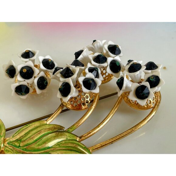 Vintage 1950s Metal Flower Brooch Porcelain Glass Bead Accents - Picture 6 of 11